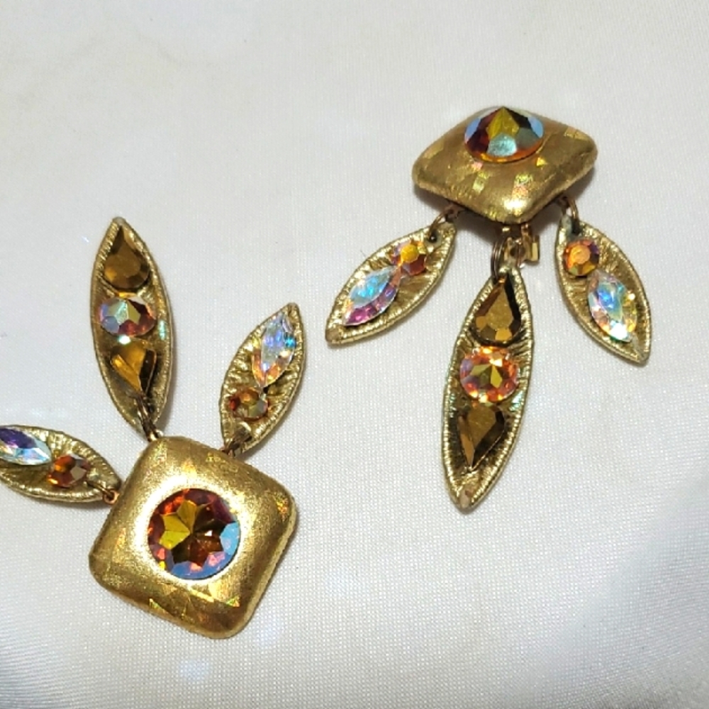 Elegant Gold and Multicolor Crystal Clip On Earrings